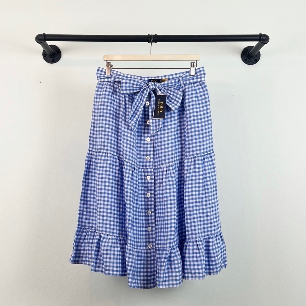 NWT Polo Ralph Lauren Linen Gingham Tiered Midi Skirt Blue/White - Picture 6 of 9